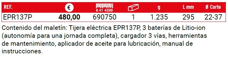TIJERA ELECTRICA PODA BELLOTA EPR137P 37MM 3 BATERIAS Nº..